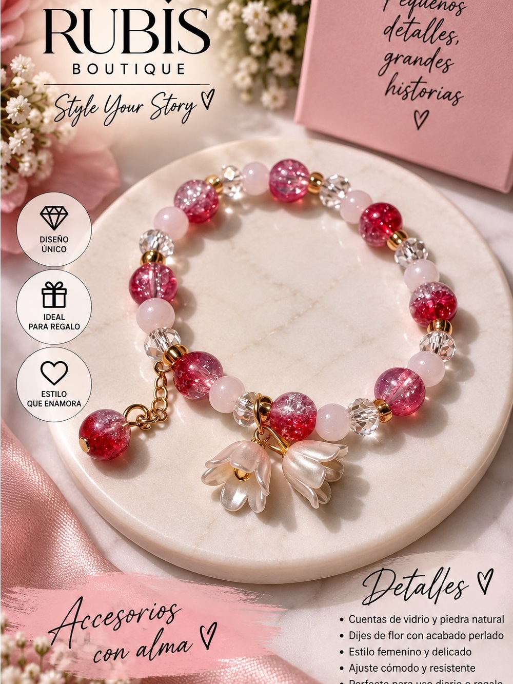 Pink Beaded Flower Charm Bracelet